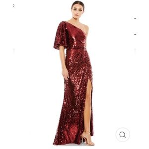 Mac Duggal Spiced Coca Cola One Shoulder Ruffle Sleeve Gown. 16.